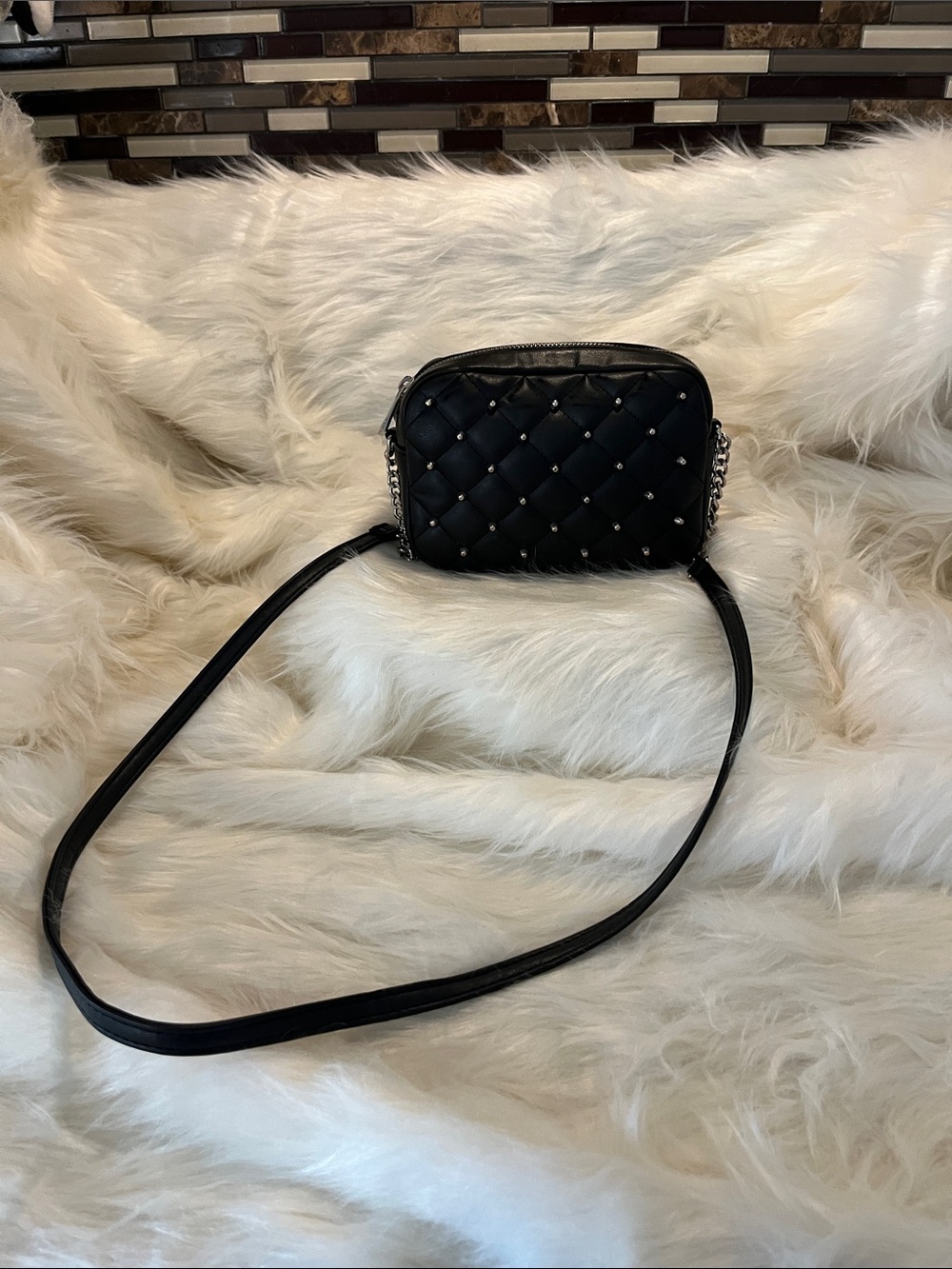 Rebecca Minkoff Black Quilted Studded Crossbody with Chain-Accent Strap